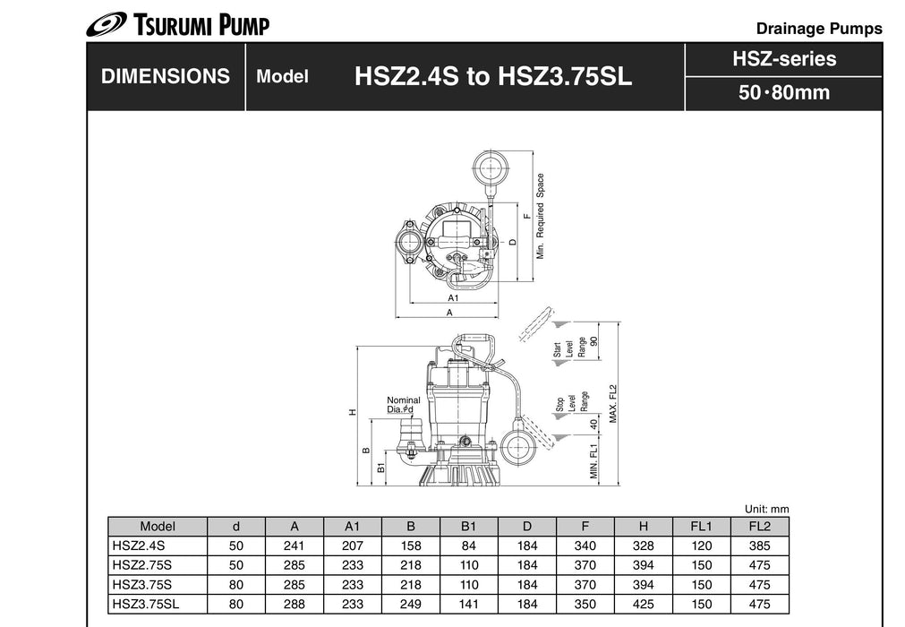 Tsurumi HSZ2.75S Single-Phase Automatic Submersible Drainage Pump with Semi-Vortex Impeller