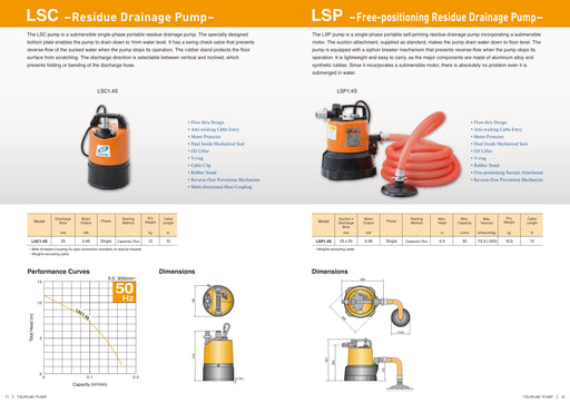 Tsurumi LSP1.4S Single Phase Portable Self-Priming Submersible Drainage Pump with Suction Attachment