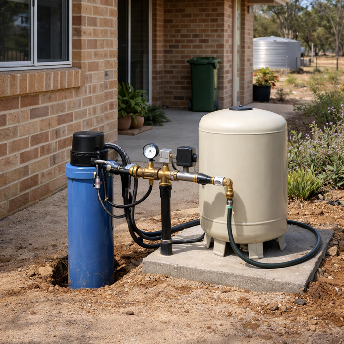 Water pump system supplying an Australian home and small farm in Western Australia