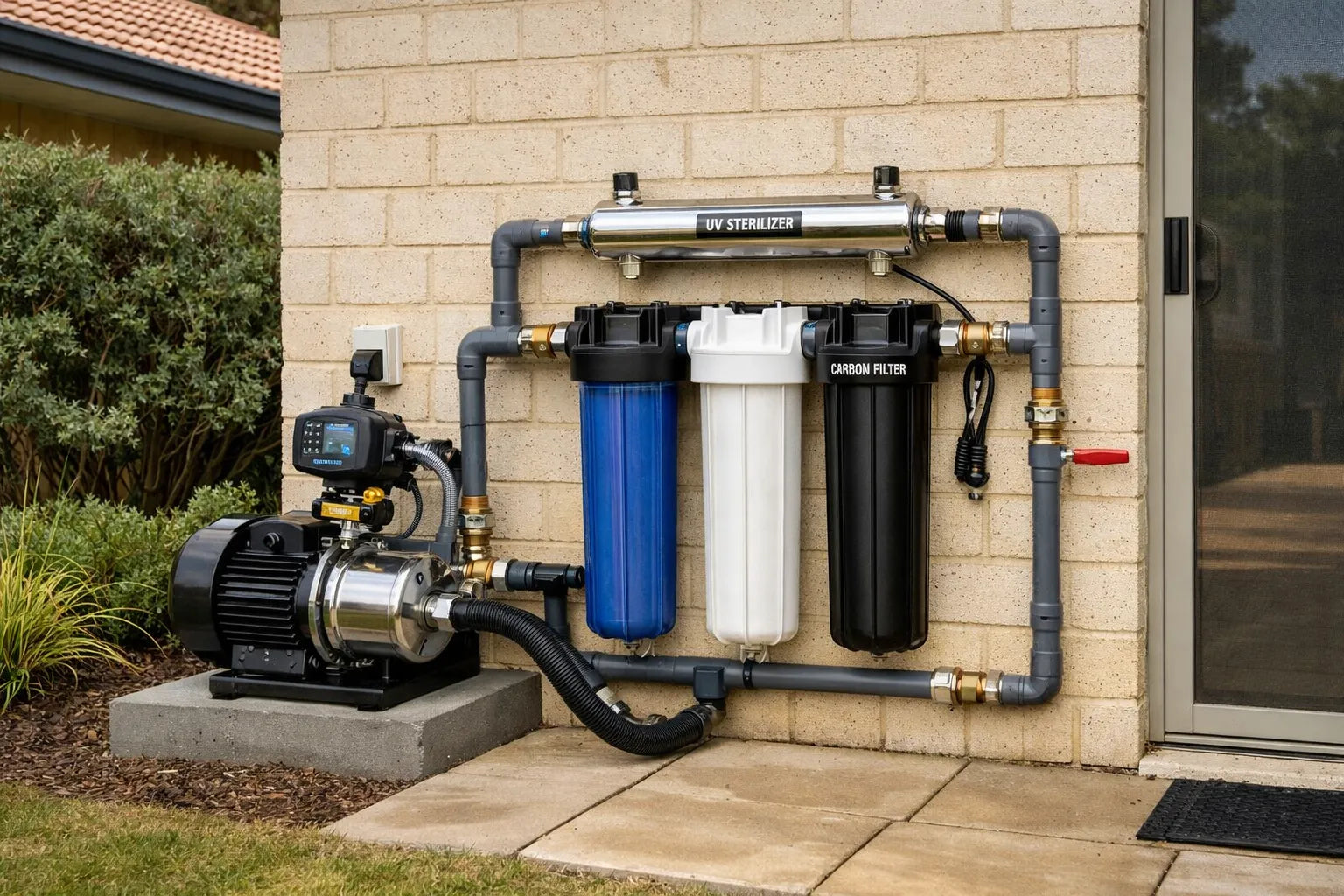 Water filtration pump combo installed at an Australian home for clean water and steady pressure