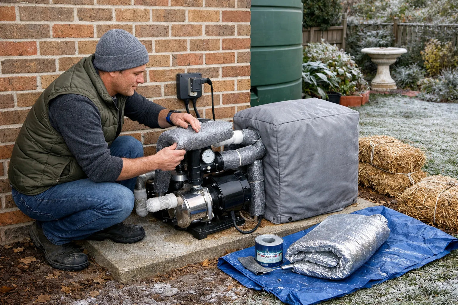 Residential water pump winter preparation at an Australian home