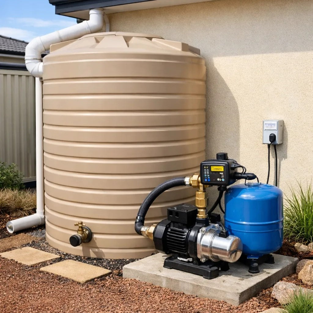 water pump connected to rainwater tank system in Western Australia home