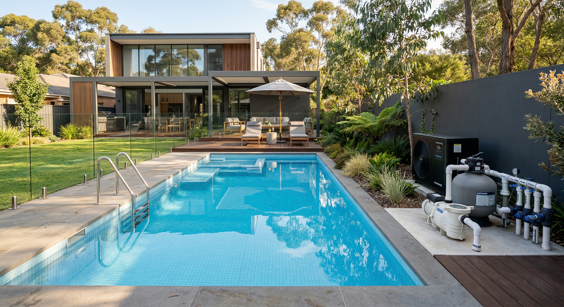 heater pool pump system installed in Australian backyard swimming pool