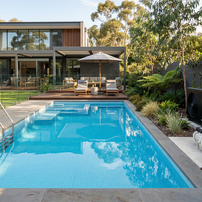 heater pool pump system installed in Australian backyard swimming pool