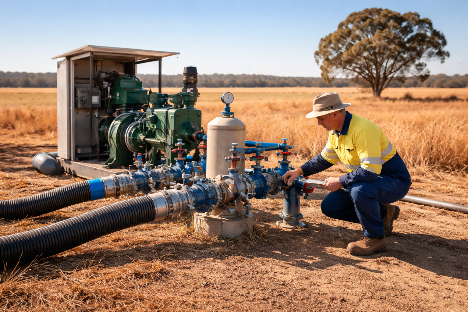 Technician performing autumn maintenance on a water pump in a Western Australian farm irrigation system.