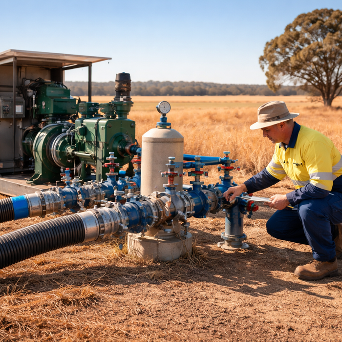 Technician performing autumn maintenance on a water pump in a Western Australian farm irrigation system.