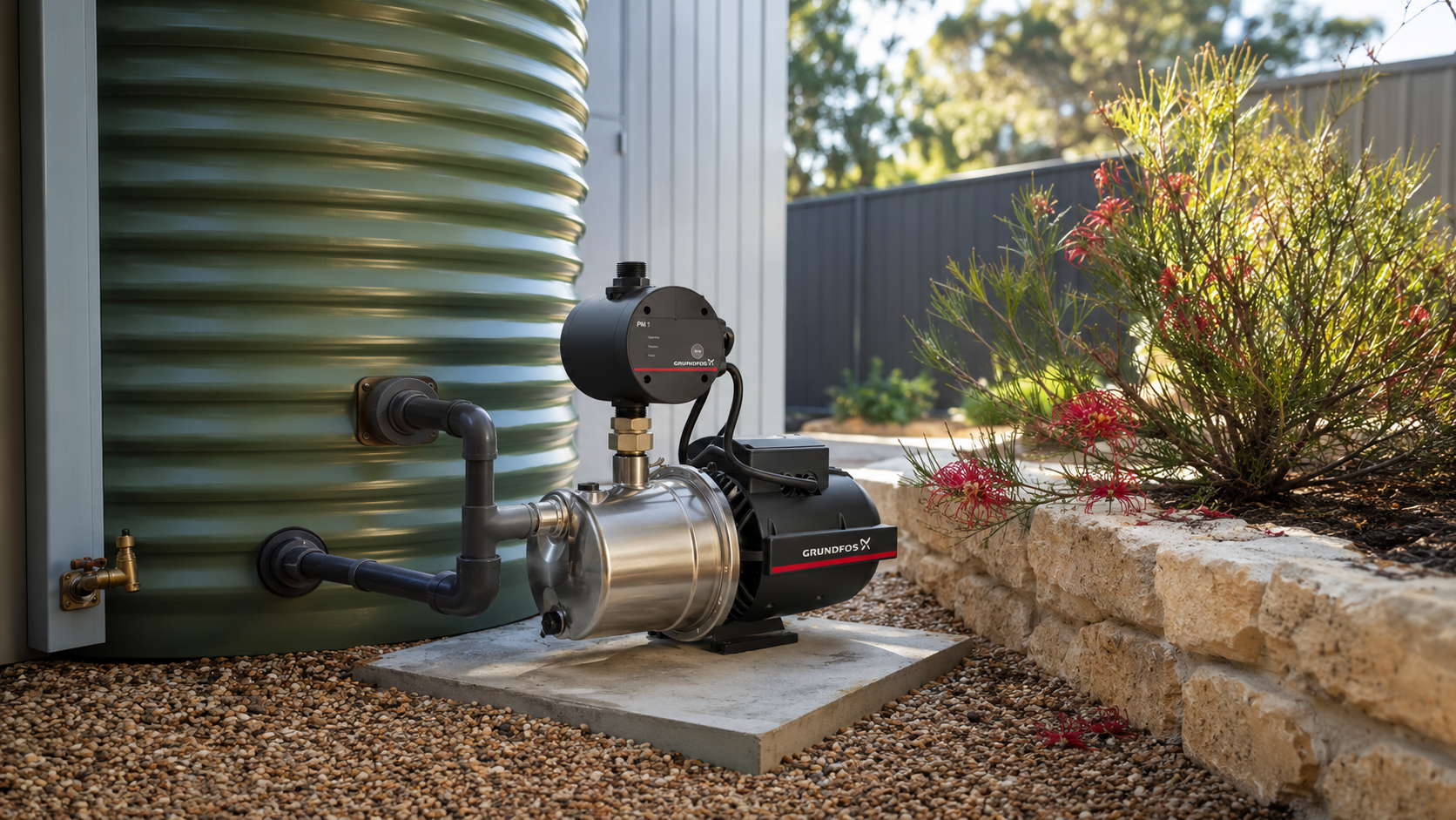 Domestic water pressure pump installed beside a rainwater tank at a Western Australian home