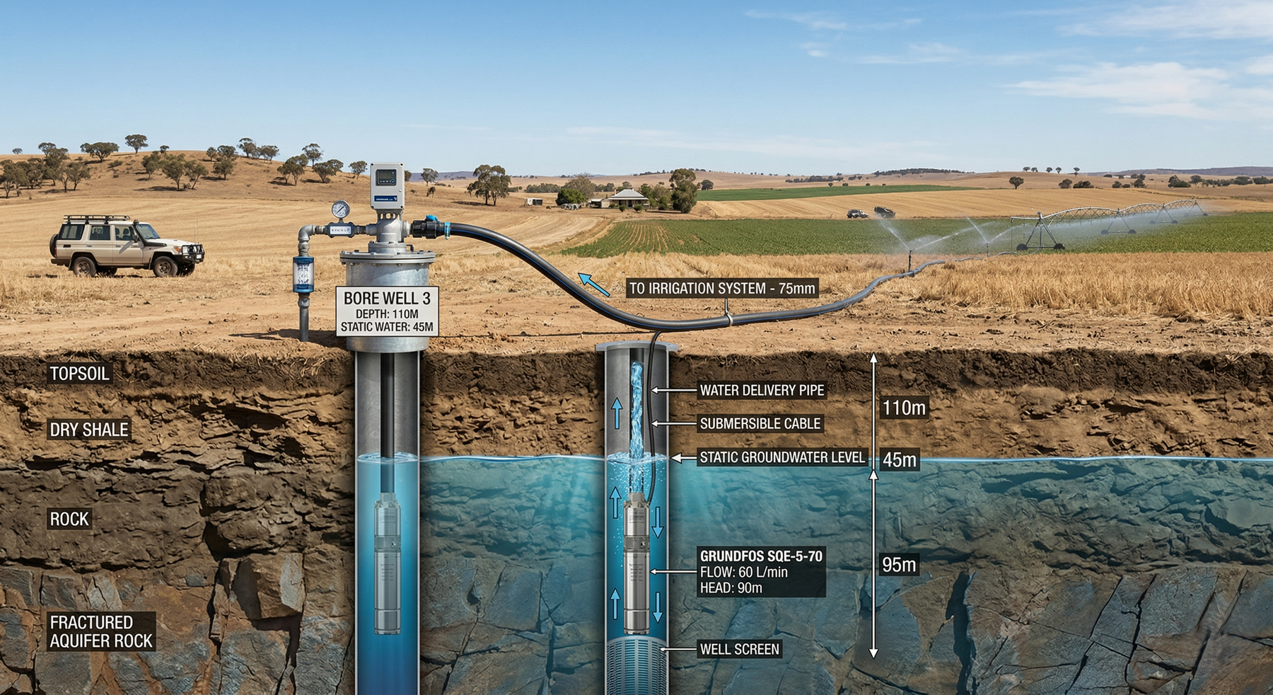 submersible pump water system installed in bore well australia farm irrigation setup
