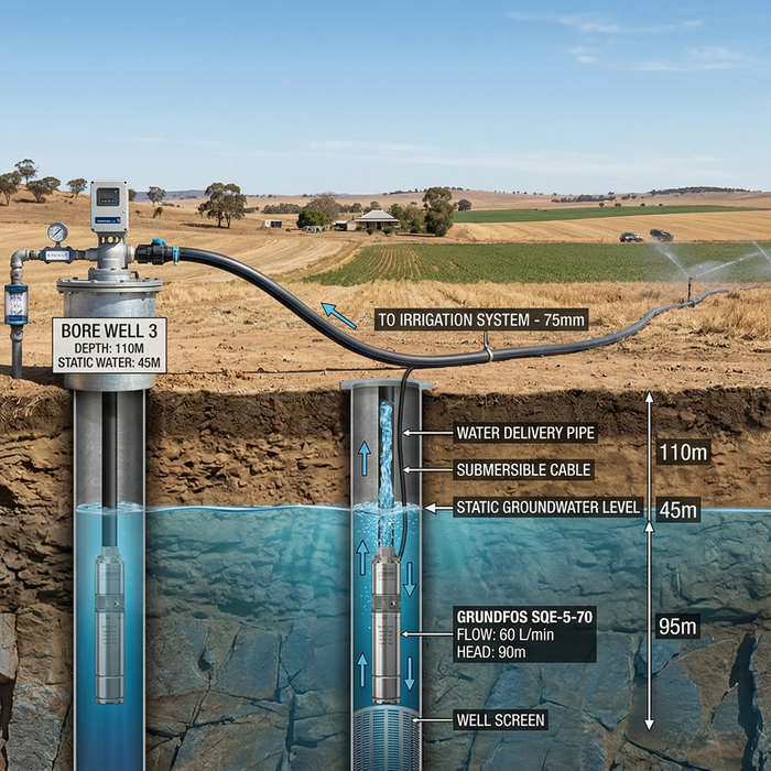 submersible pump water system installed in bore well australia farm irrigation setup
