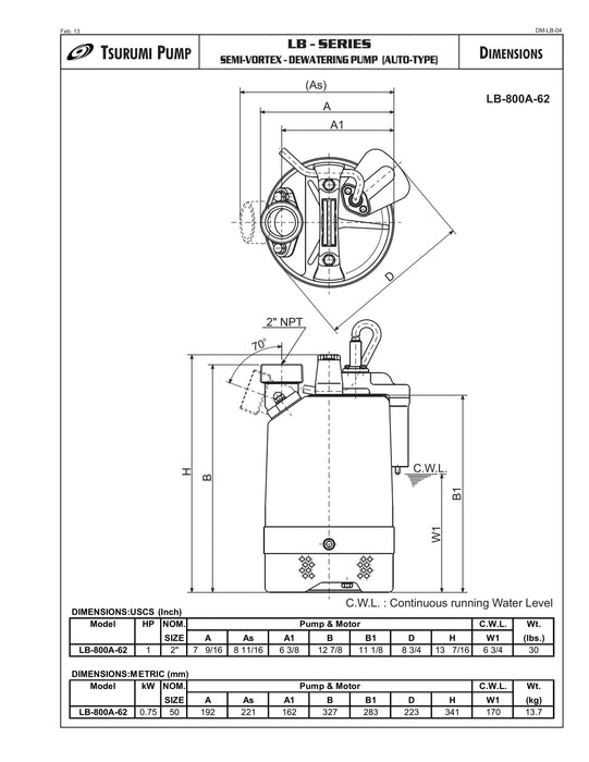 Tsurumi LB-480A Single Phase Portable Submersible Drainage Pump with Semi-Vortex Impeller