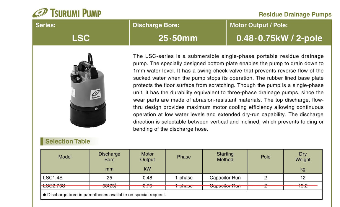 Tsurumi LSC1.4S Single Phase Submersible Puddle Sucker Drainage Pump with Swing Check Valve
